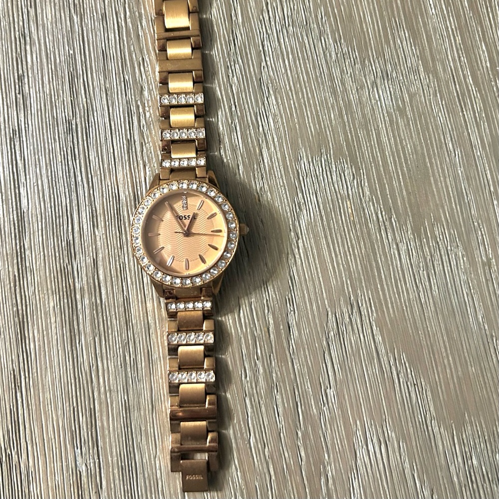 Gold Fossil Watch with Crystal Accents